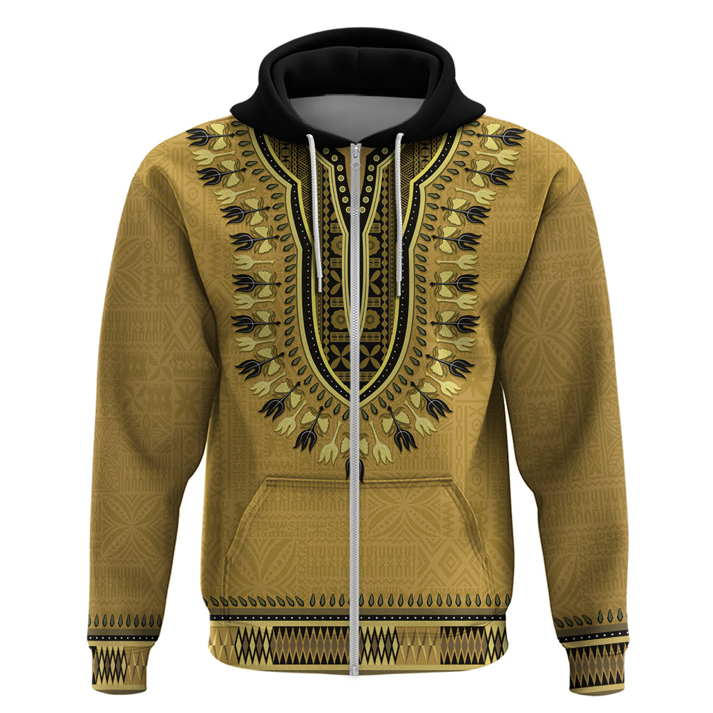 Gold African Dashiki With Fijian Tapa Pattern Zip Hoodie
