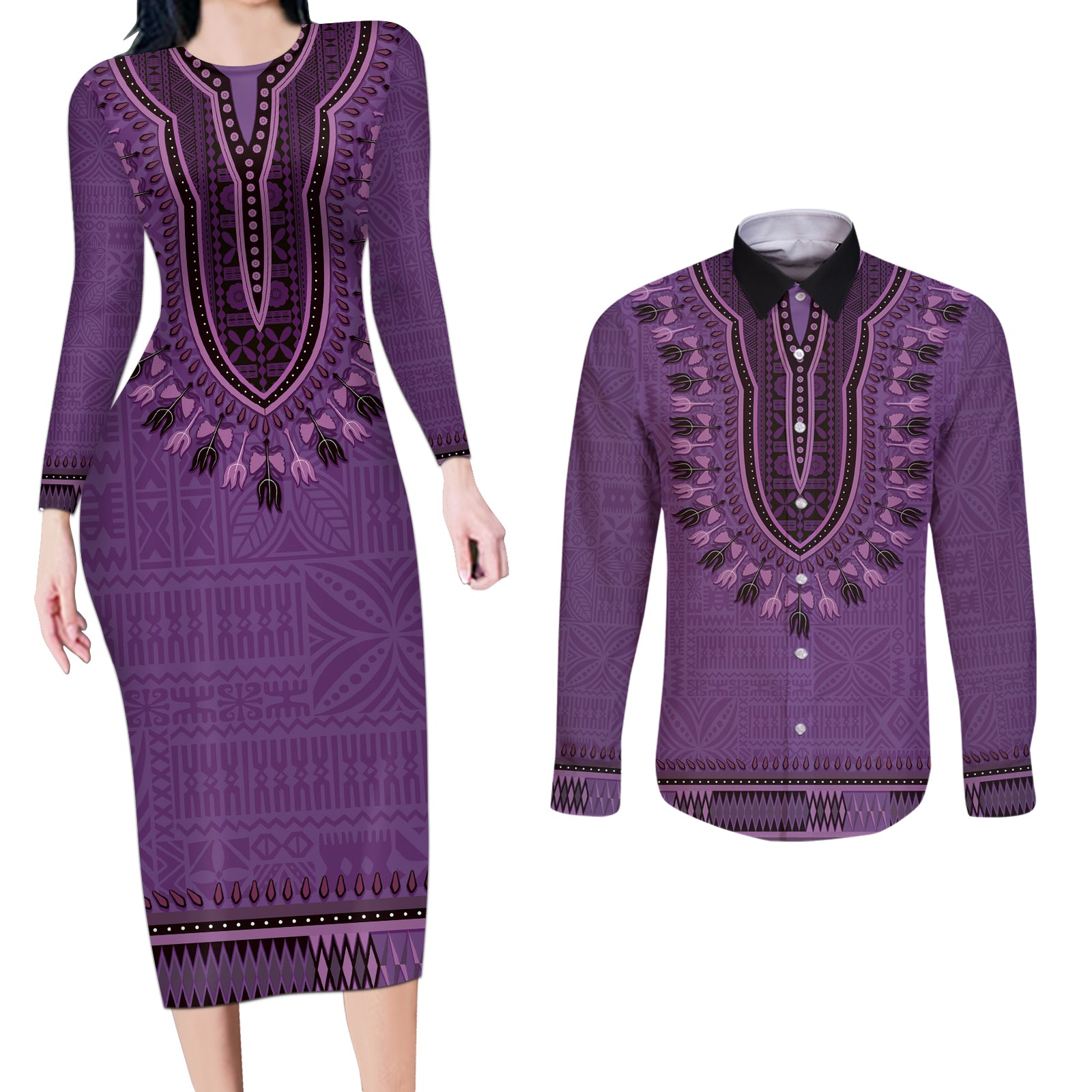 Purple African Dashiki With Fijian Tapa Pattern Couples Matching Long Sleeve Bodycon Dress and Long Sleeve Button Shirt