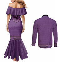 Purple African Dashiki With Fijian Tapa Pattern Couples Matching Mermaid Dress and Long Sleeve Button Shirt