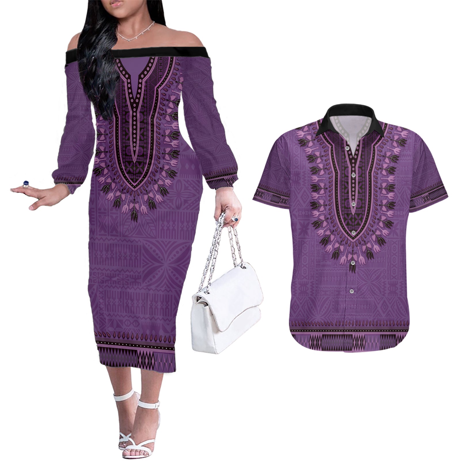 Purple African Dashiki With Fijian Tapa Pattern Couples Matching Off The Shoulder Long Sleeve Dress and Hawaiian Shirt