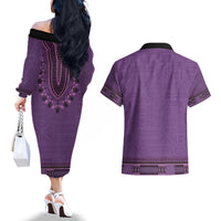 Purple African Dashiki With Fijian Tapa Pattern Couples Matching Off The Shoulder Long Sleeve Dress and Hawaiian Shirt