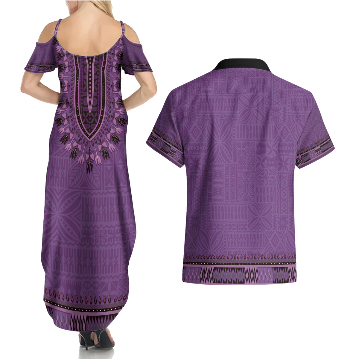 Purple African Dashiki With Fijian Tapa Pattern Couples Matching Summer Maxi Dress and Hawaiian Shirt