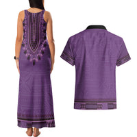 Purple African Dashiki With Fijian Tapa Pattern Couples Matching Tank Maxi Dress and Hawaiian Shirt