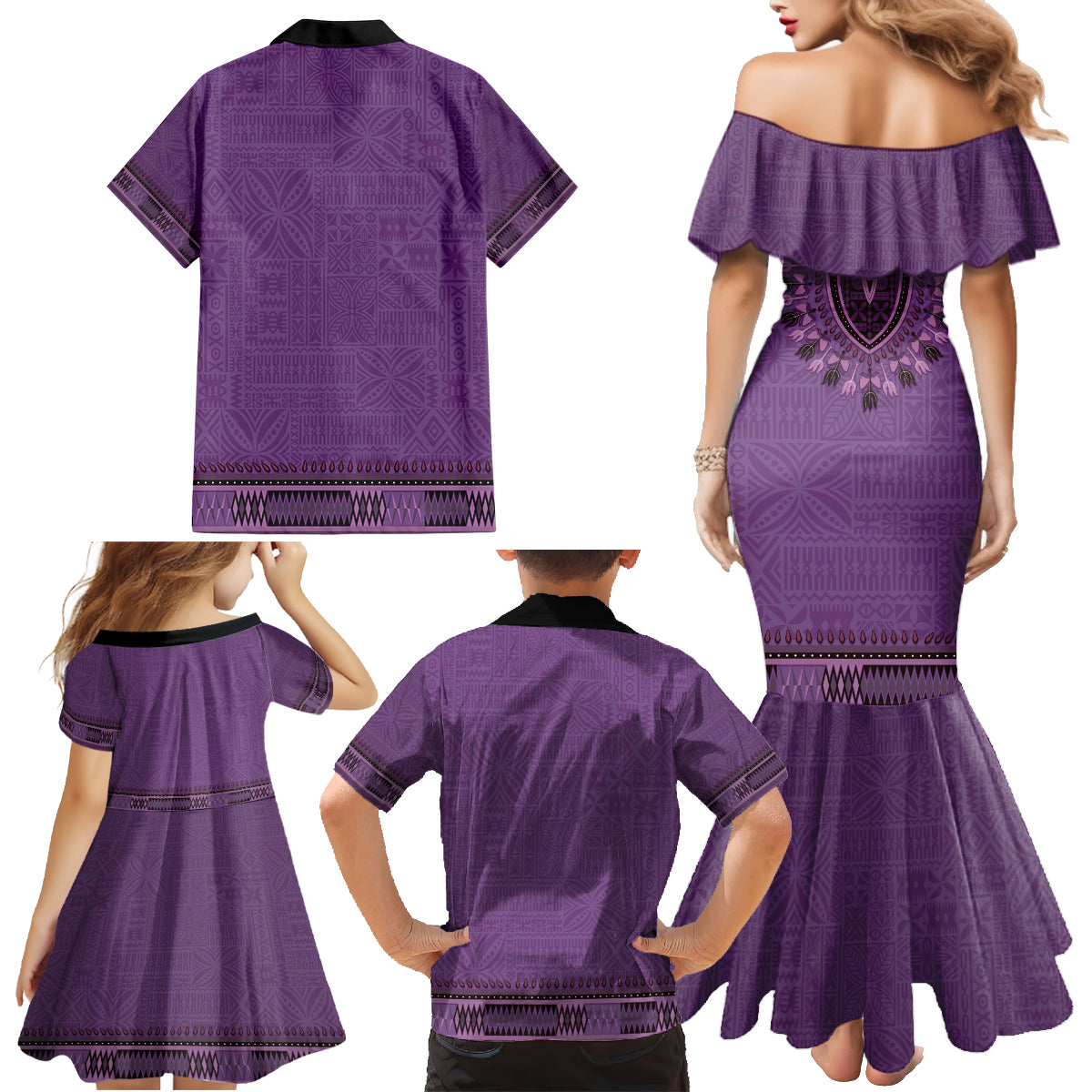 Purple African Dashiki With Fijian Tapa Pattern Family Matching Mermaid Dress and Hawaiian Shirt LT14 - Polynesian Pride