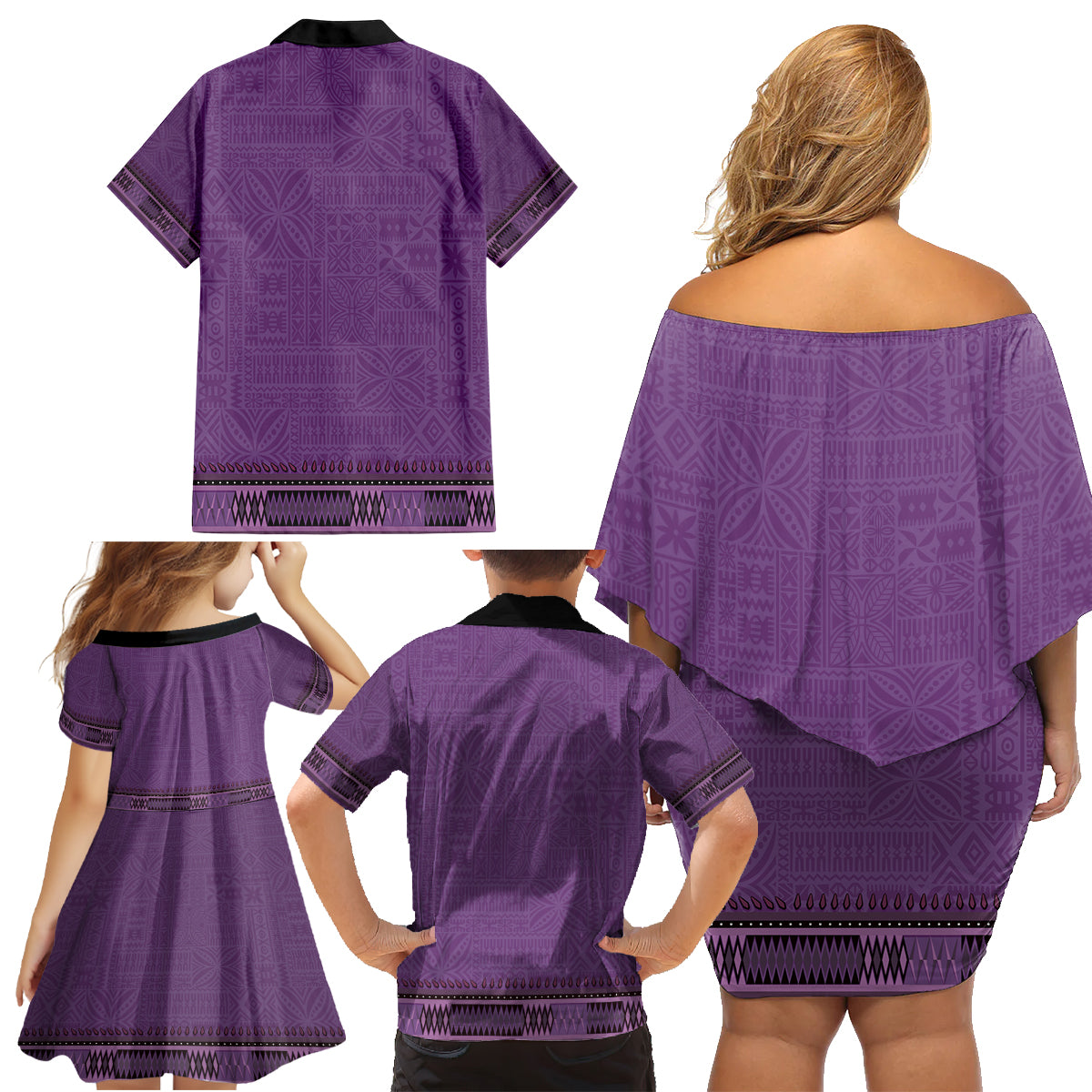 Purple African Dashiki With Fijian Tapa Pattern Family Matching Off Shoulder Short Dress and Hawaiian Shirt LT14 - Polynesian Pride