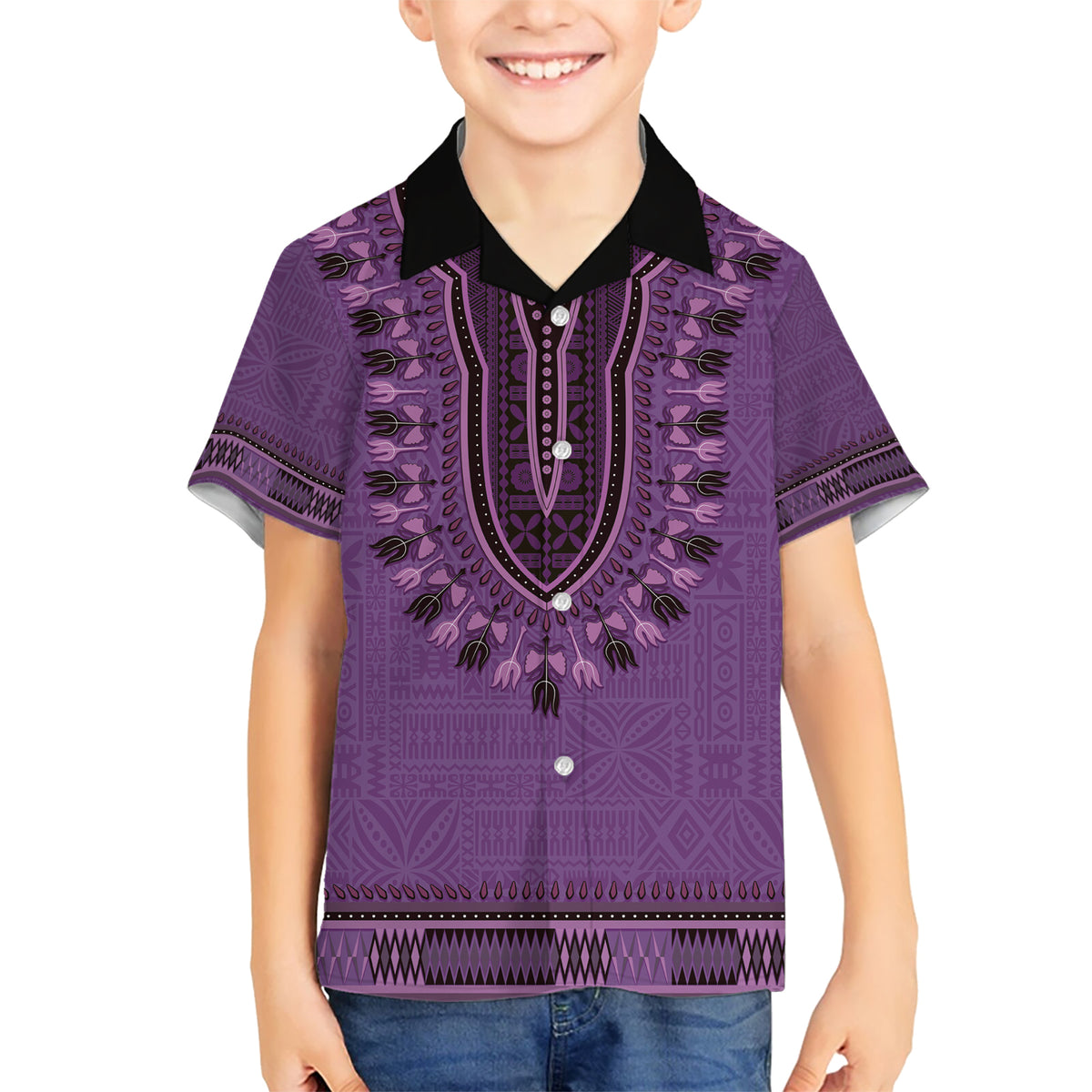 Purple African Dashiki With Fijian Tapa Pattern Kid Hawaiian Shirt