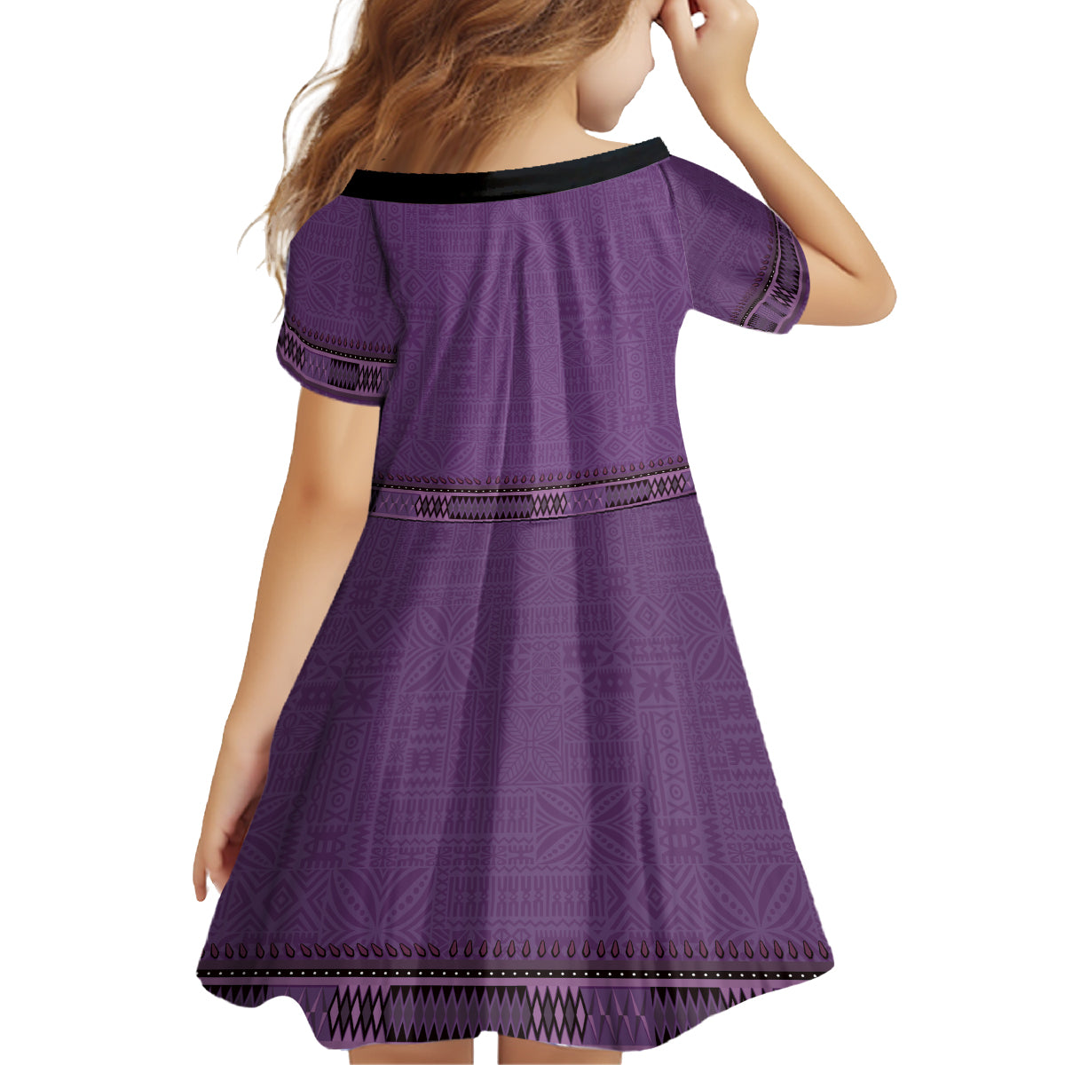 Purple African Dashiki With Fijian Tapa Pattern Kid Short Sleeve Dress
