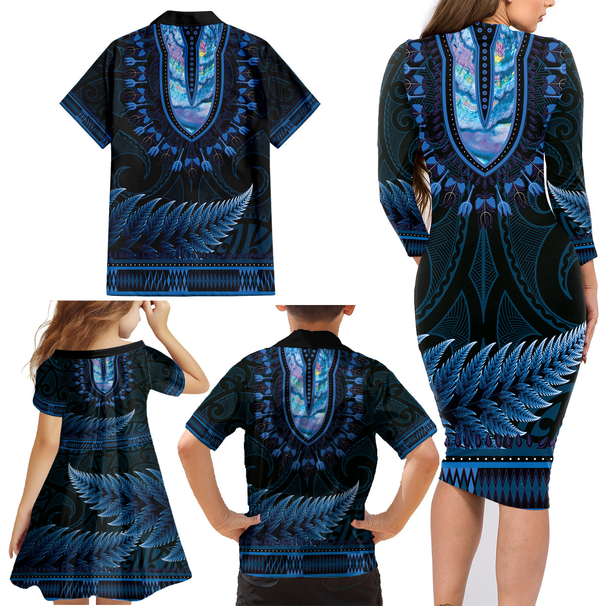 Blue African Dashiki With Aotearoa Maori Family Matching Long Sleeve Bodycon Dress and Hawaiian Shirt Paua Shell Mix Silver Fern LT14 - Polynesian Pride
