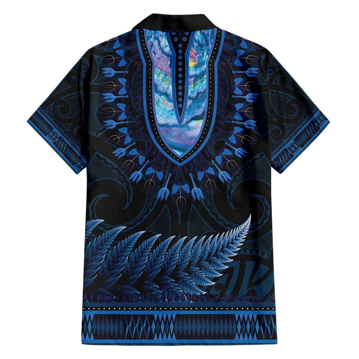 Blue African Dashiki With Aotearoa Maori Family Matching Long Sleeve Bodycon Dress and Hawaiian Shirt Paua Shell Mix Silver Fern LT14 - Polynesian Pride
