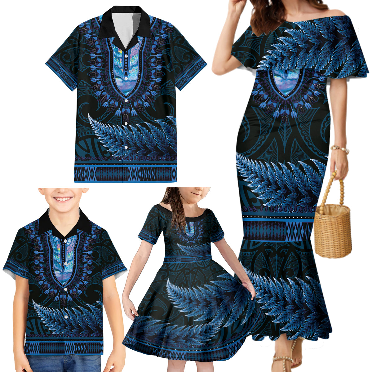 Blue African Dashiki With Aotearoa Maori Family Matching Mermaid Dress and Hawaiian Shirt Paua Shell Mix Silver Fern LT14 - Polynesian Pride