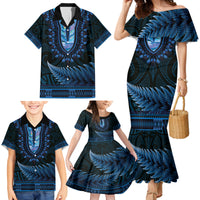 Blue African Dashiki With Aotearoa Maori Family Matching Mermaid Dress and Hawaiian Shirt Paua Shell Mix Silver Fern LT14 - Polynesian Pride