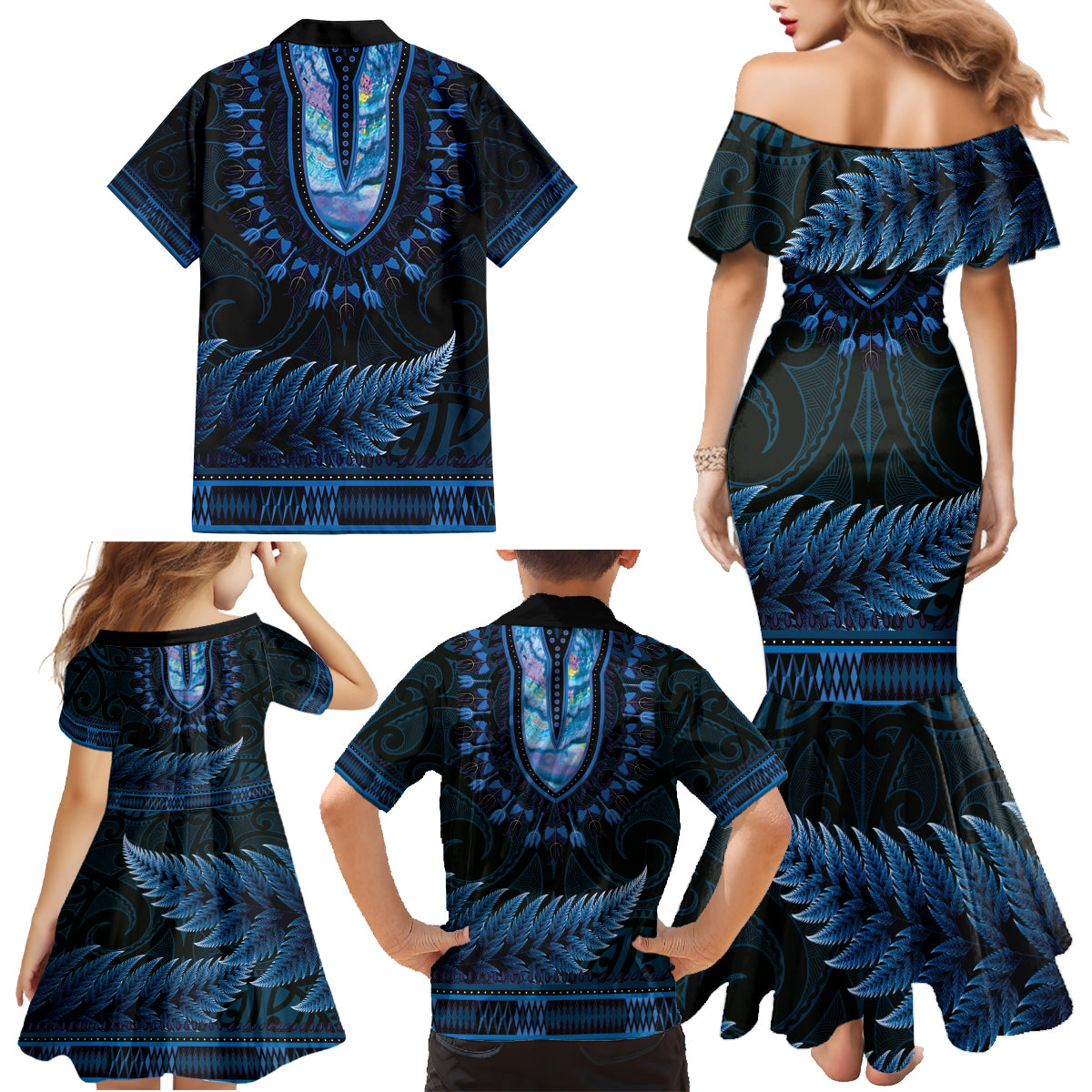 Blue African Dashiki With Aotearoa Maori Family Matching Mermaid Dress and Hawaiian Shirt Paua Shell Mix Silver Fern LT14 - Polynesian Pride