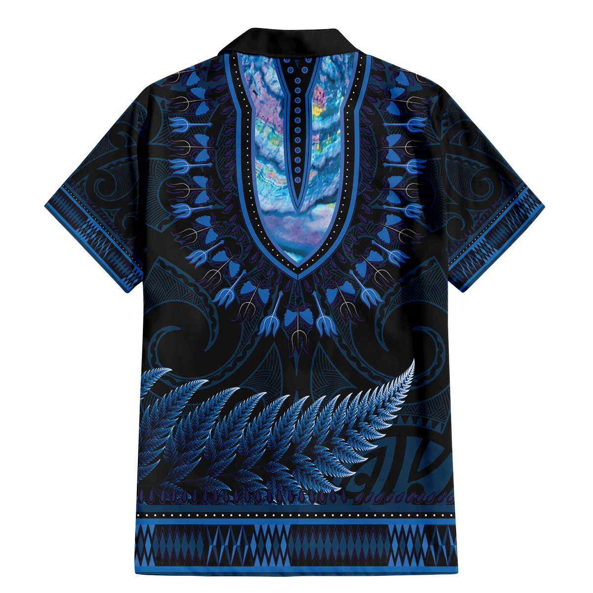 Blue African Dashiki With Aotearoa Maori Family Matching Mermaid Dress and Hawaiian Shirt Paua Shell Mix Silver Fern LT14 - Polynesian Pride