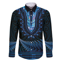 Blue African Dashiki With Aotearoa Maori Family Matching Mermaid Dress and Hawaiian Shirt Paua Shell Mix Silver Fern LT14 Dad's Shirt - Long Sleeve Blue - Polynesian Pride
