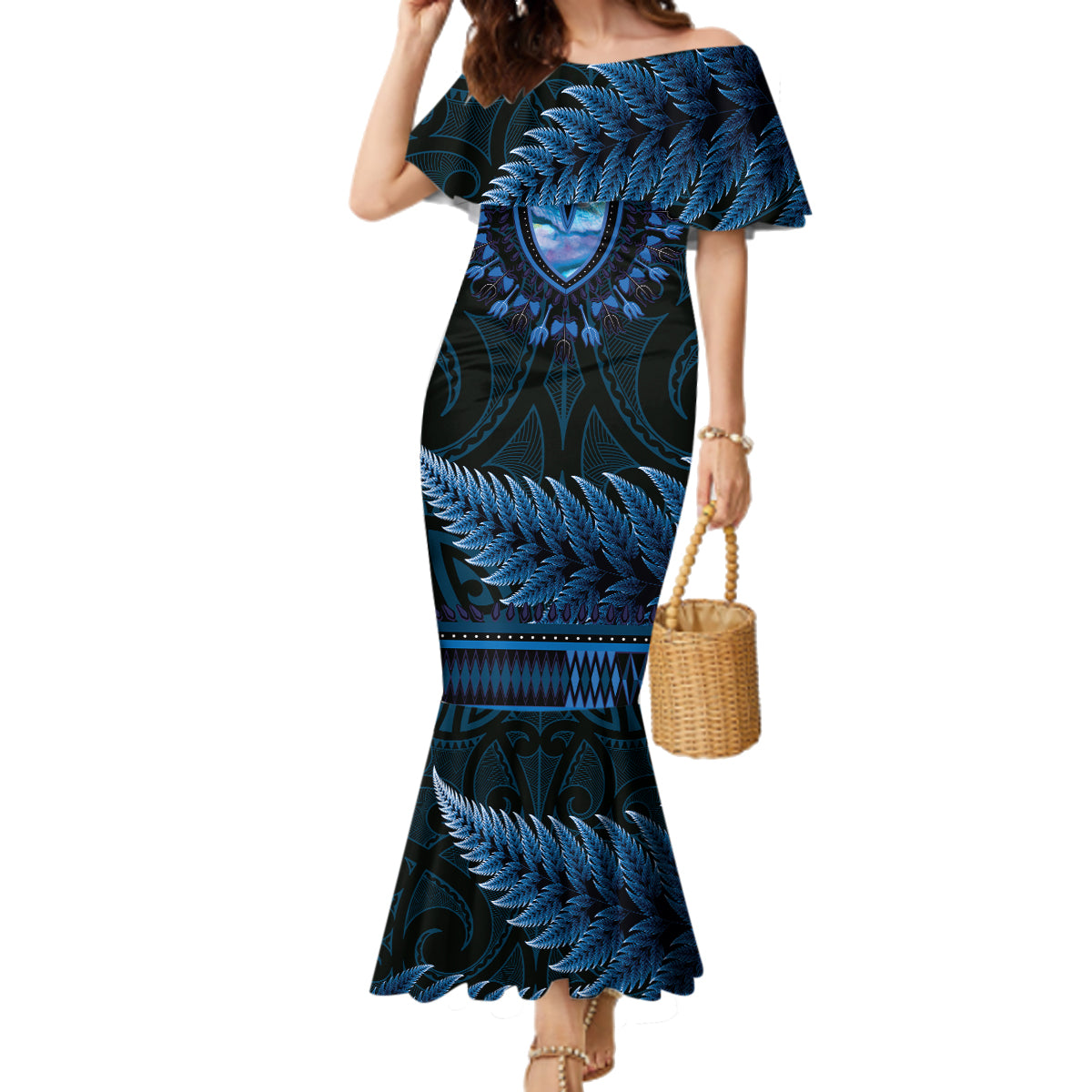 Blue African Dashiki With Aotearoa Maori Family Matching Mermaid Dress and Hawaiian Shirt Paua Shell Mix Silver Fern LT14 Mom's Dress Blue - Polynesian Pride
