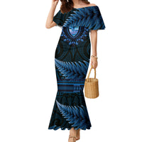 Blue African Dashiki With Aotearoa Maori Family Matching Mermaid Dress and Hawaiian Shirt Paua Shell Mix Silver Fern LT14 Mom's Dress Blue - Polynesian Pride