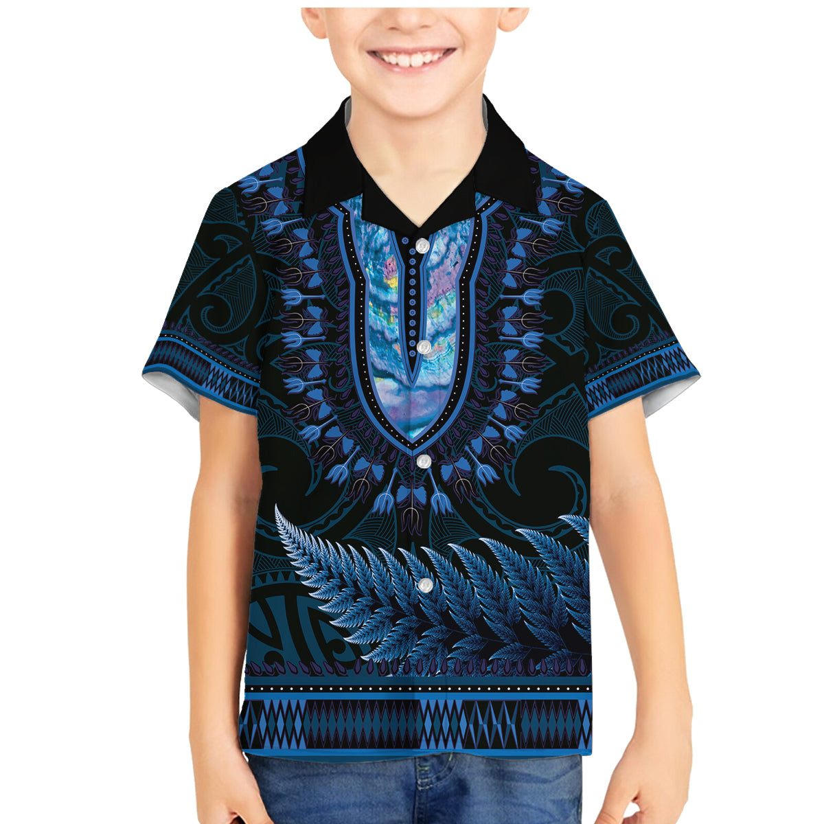 Blue African Dashiki With Aotearoa Maori Family Matching Mermaid Dress and Hawaiian Shirt Paua Shell Mix Silver Fern LT14 Son's Shirt Blue - Polynesian Pride