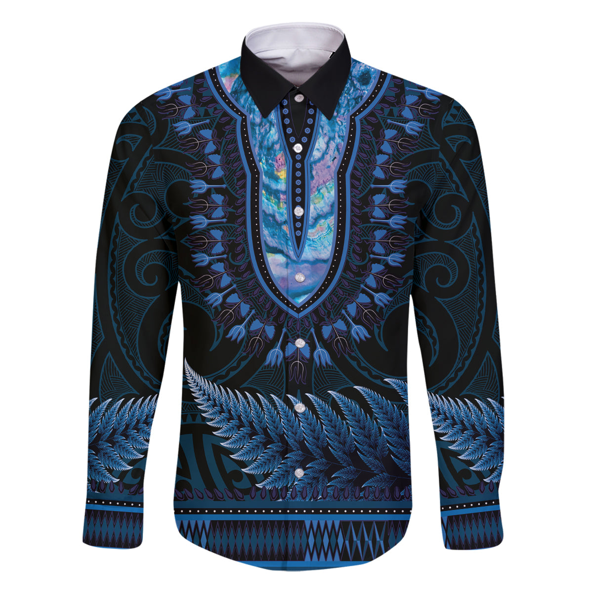 Blue African Dashiki With Aotearoa Maori Family Matching Off Shoulder Short Dress and Hawaiian Shirt Paua Shell Mix Silver Fern LT14 Dad's Shirt - Long Sleeve Blue - Polynesian Pride