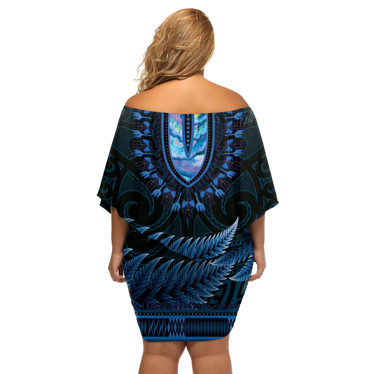 Blue African Dashiki With Aotearoa Maori Family Matching Off Shoulder Short Dress and Hawaiian Shirt Paua Shell Mix Silver Fern LT14 - Polynesian Pride