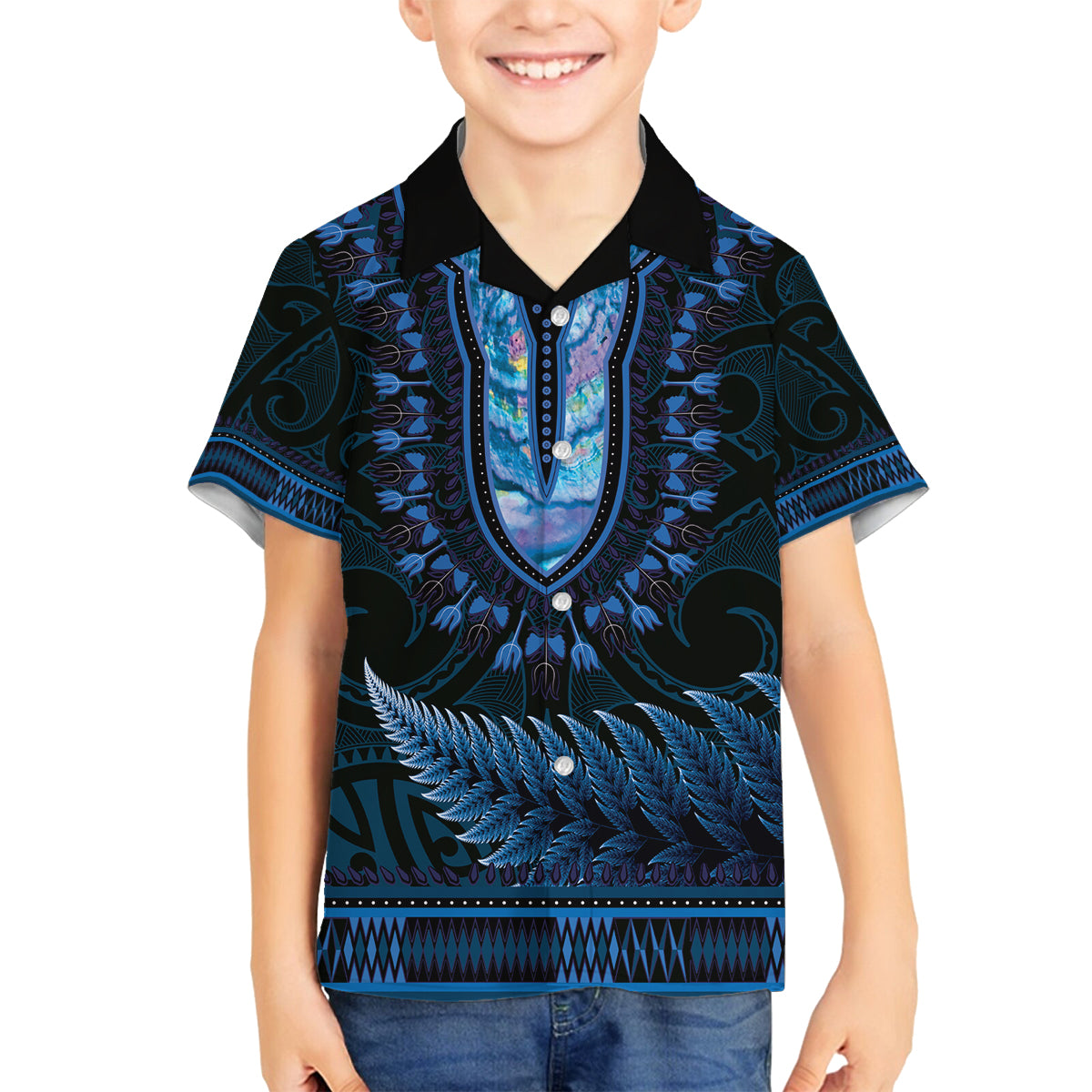 Blue African Dashiki With Aotearoa Maori Family Matching Off Shoulder Short Dress and Hawaiian Shirt Paua Shell Mix Silver Fern LT14 Son's Shirt Blue - Polynesian Pride