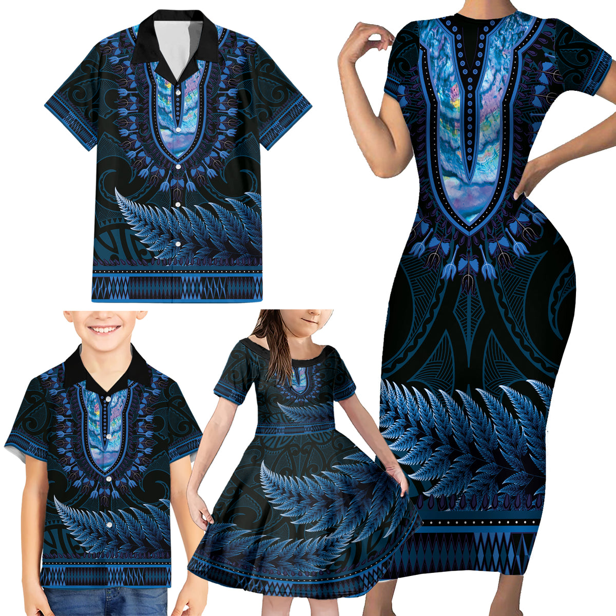 Blue African Dashiki With Aotearoa Maori Family Matching Short Sleeve Bodycon Dress and Hawaiian Shirt Paua Shell Mix Silver Fern LT14 - Polynesian Pride