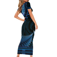 Blue African Dashiki With Aotearoa Maori Family Matching Short Sleeve Bodycon Dress and Hawaiian Shirt Paua Shell Mix Silver Fern LT14 - Polynesian Pride