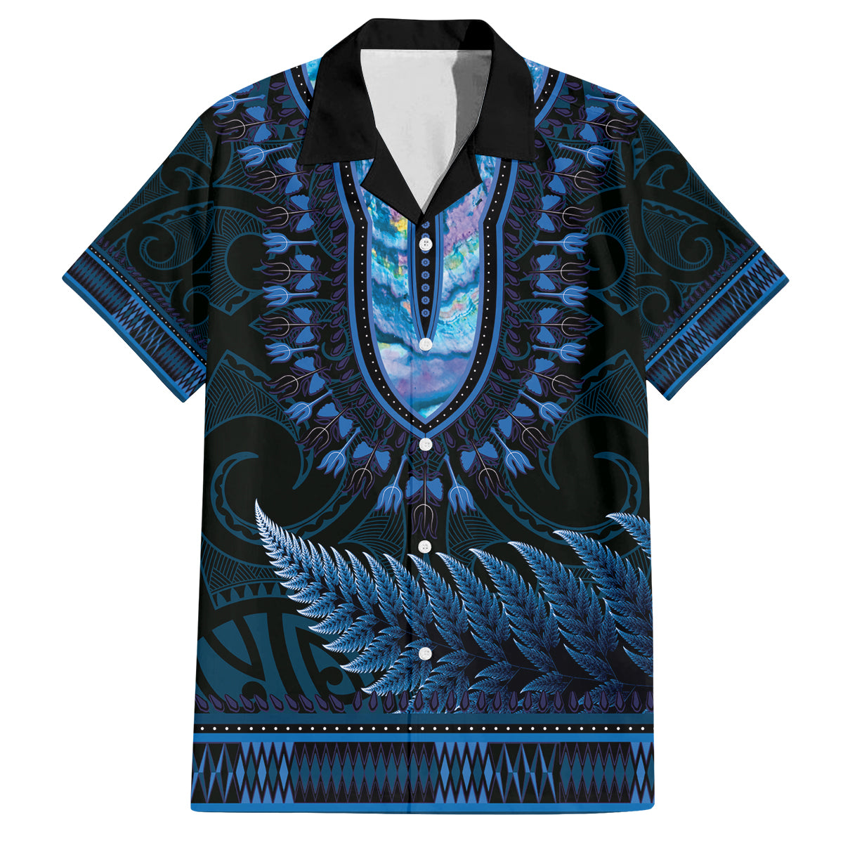 Blue African Dashiki With Aotearoa Maori Family Matching Tank Maxi Dress and Hawaiian Shirt Paua Shell Mix Silver Fern
