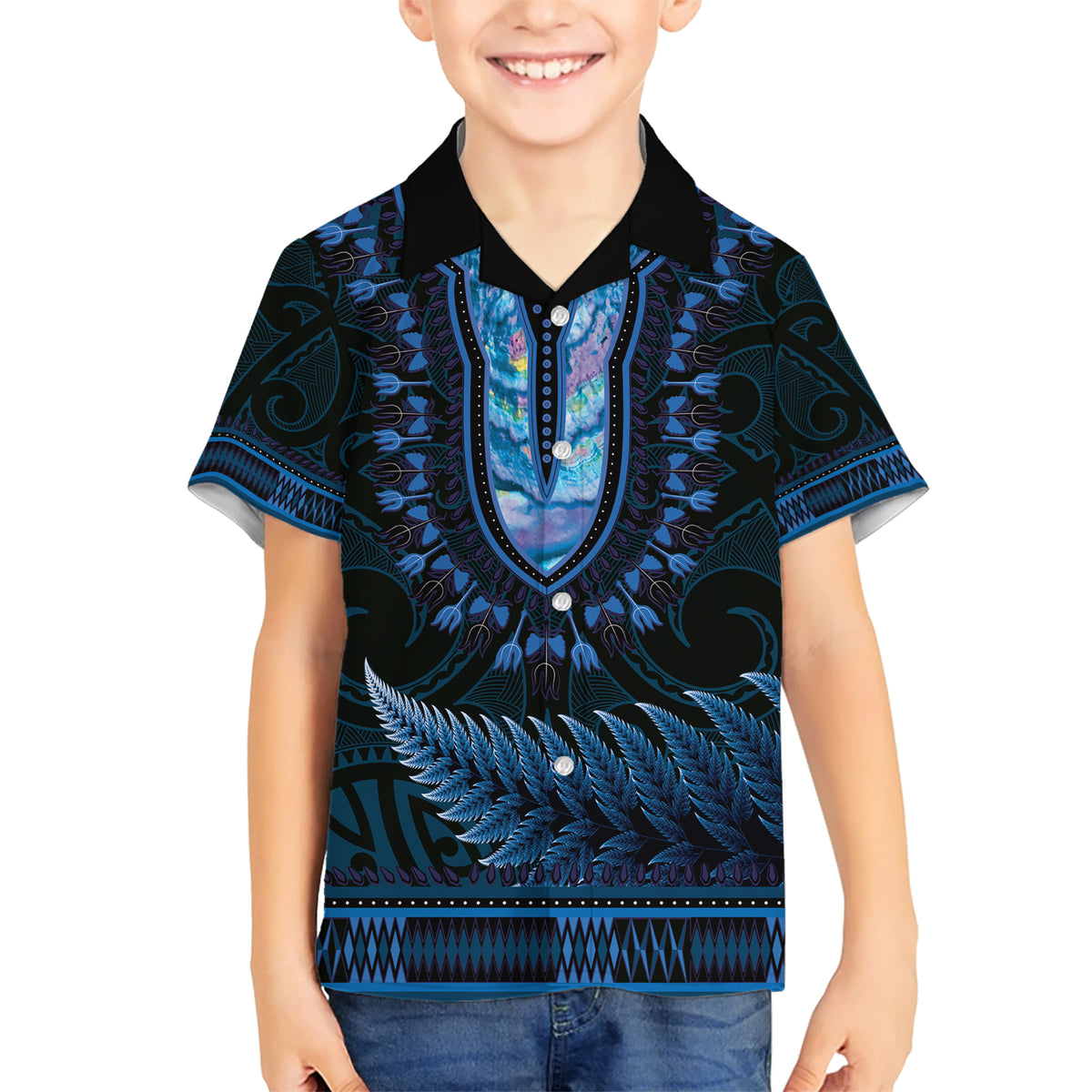 Blue African Dashiki With Aotearoa Maori Hawaiian Shirt Paua Shell Mix Silver Fern