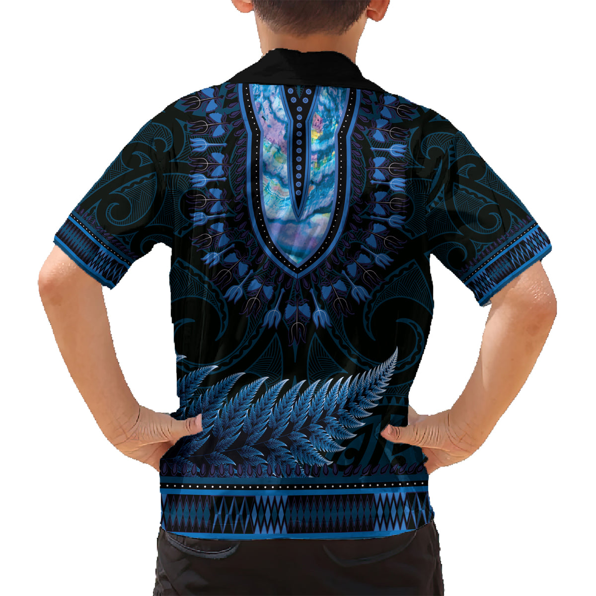 Blue African Dashiki With Aotearoa Maori Kid Hawaiian Shirt Paua Shell Mix Silver Fern