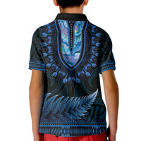Blue African Dashiki With Aotearoa Maori Kid Polo Shirt Paua Shell Mix Silver Fern