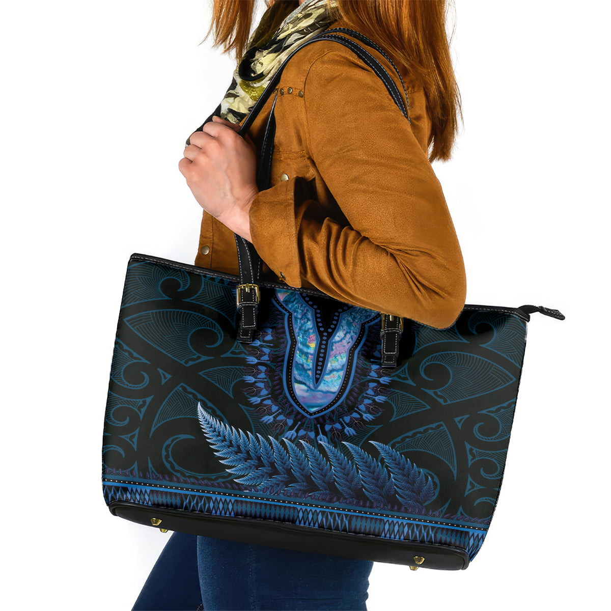 Blue African Dashiki With Aotearoa Maori Leather Tote Bag Paua Shell Mix Silver Fern