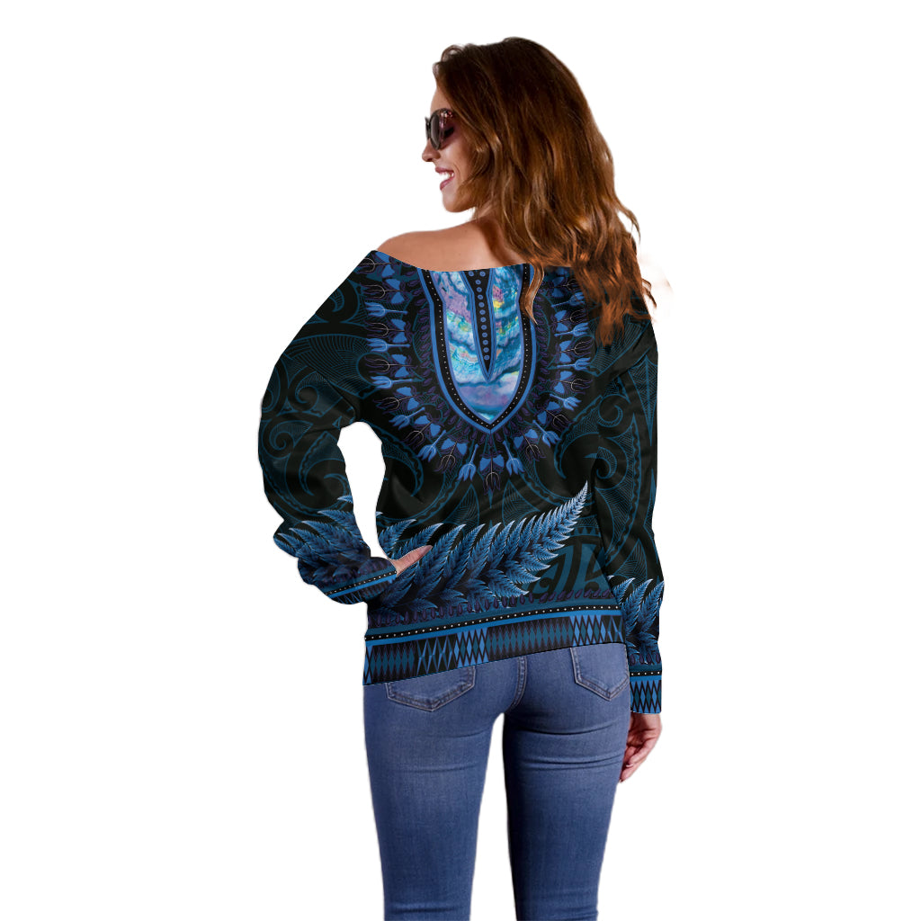 Blue African Dashiki With Aotearoa Maori Off Shoulder Sweater Paua Shell Mix Silver Fern
