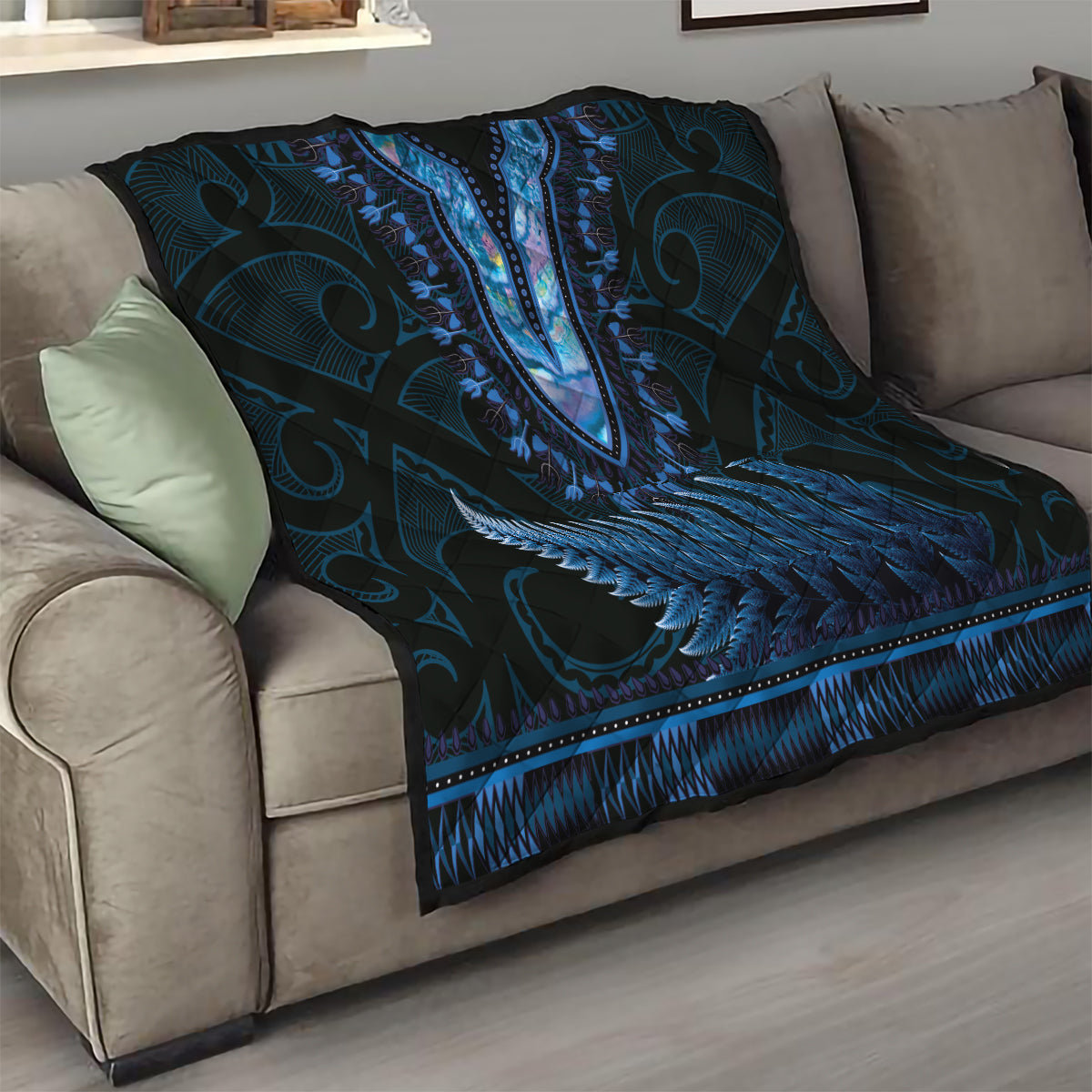 Blue African Dashiki With Aotearoa Maori Quilt Paua Shell Mix Silver Fern