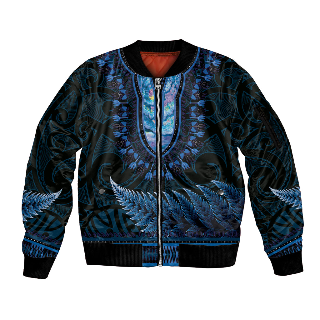 Blue African Dashiki With Aotearoa Maori Sleeve Zip Bomber Jacket Paua Shell Mix Silver Fern LT14 Unisex Blue - Polynesian Pride