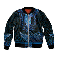 Blue African Dashiki With Aotearoa Maori Sleeve Zip Bomber Jacket Paua Shell Mix Silver Fern LT14 Unisex Blue - Polynesian Pride