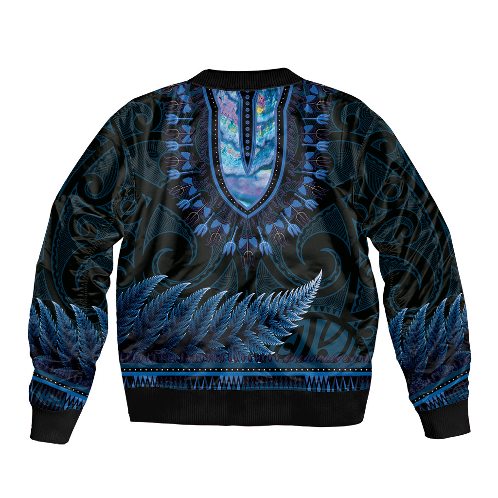 Blue African Dashiki With Aotearoa Maori Sleeve Zip Bomber Jacket Paua Shell Mix Silver Fern LT14 - Polynesian Pride