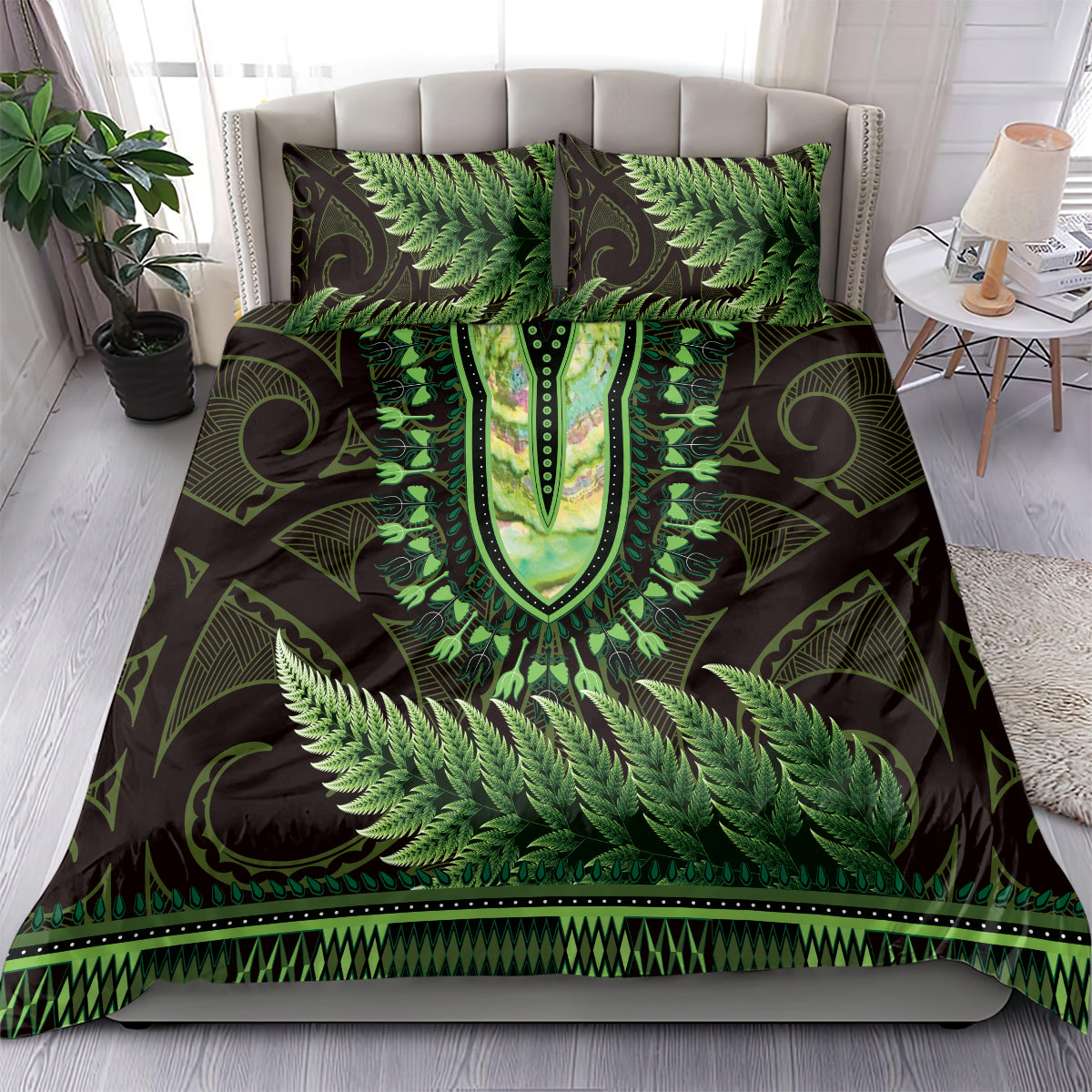 Lime Green African Dashiki With Aotearoa Maori Bedding Set Paua Shell Mix Silver Fern