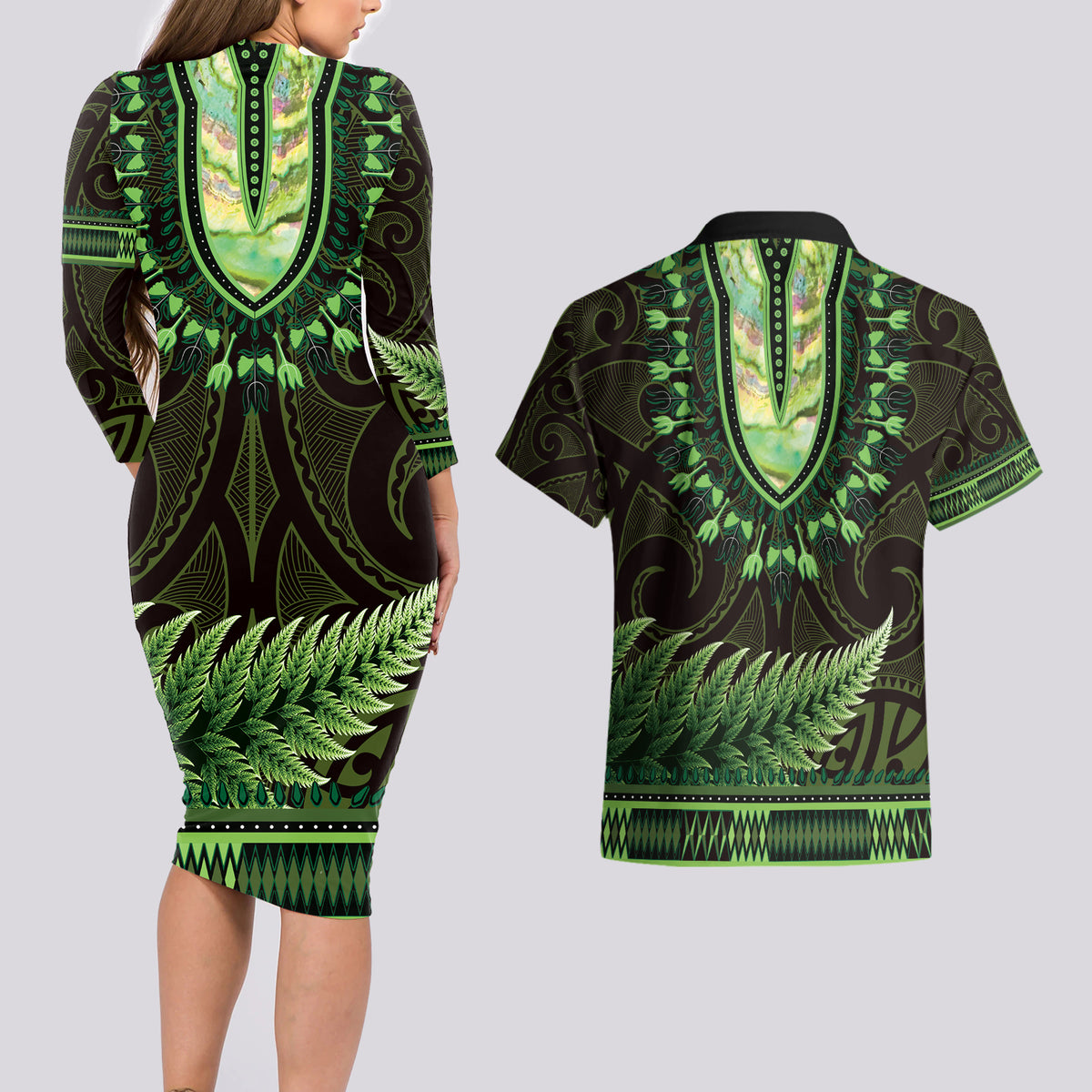 Lime Green African Dashiki With Aotearoa Maori Couples Matching Long Sleeve Bodycon Dress and Hawaiian Shirt Paua Shell Mix Silver Fern LT14 - Polynesian Pride