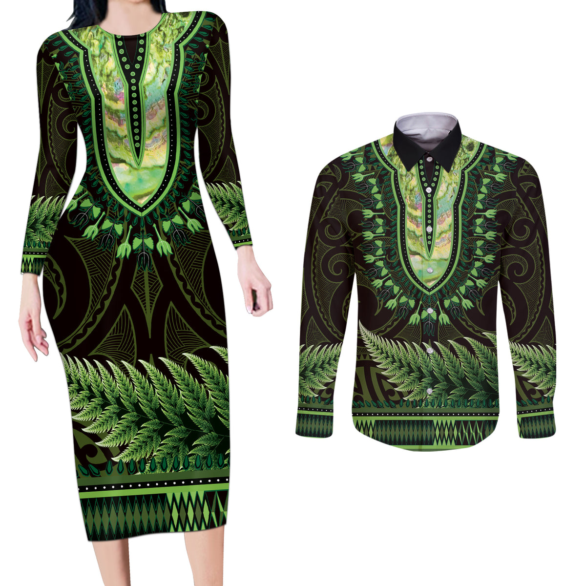 Lime Green African Dashiki With Aotearoa Maori Couples Matching Long Sleeve Bodycon Dress and Long Sleeve Button Shirt Paua Shell Mix Silver Fern LT14 Lime Green - Polynesian Pride