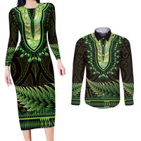 Lime Green African Dashiki With Aotearoa Maori Couples Matching Long Sleeve Bodycon Dress and Long Sleeve Button Shirt Paua Shell Mix Silver Fern LT14 Lime Green - Polynesian Pride