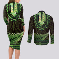 Lime Green African Dashiki With Aotearoa Maori Couples Matching Long Sleeve Bodycon Dress and Long Sleeve Button Shirt Paua Shell Mix Silver Fern LT14 - Polynesian Pride