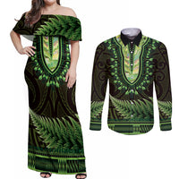 Lime Green African Dashiki With Aotearoa Maori Couples Matching Off Shoulder Maxi Dress and Long Sleeve Button Shirt Paua Shell Mix Silver Fern