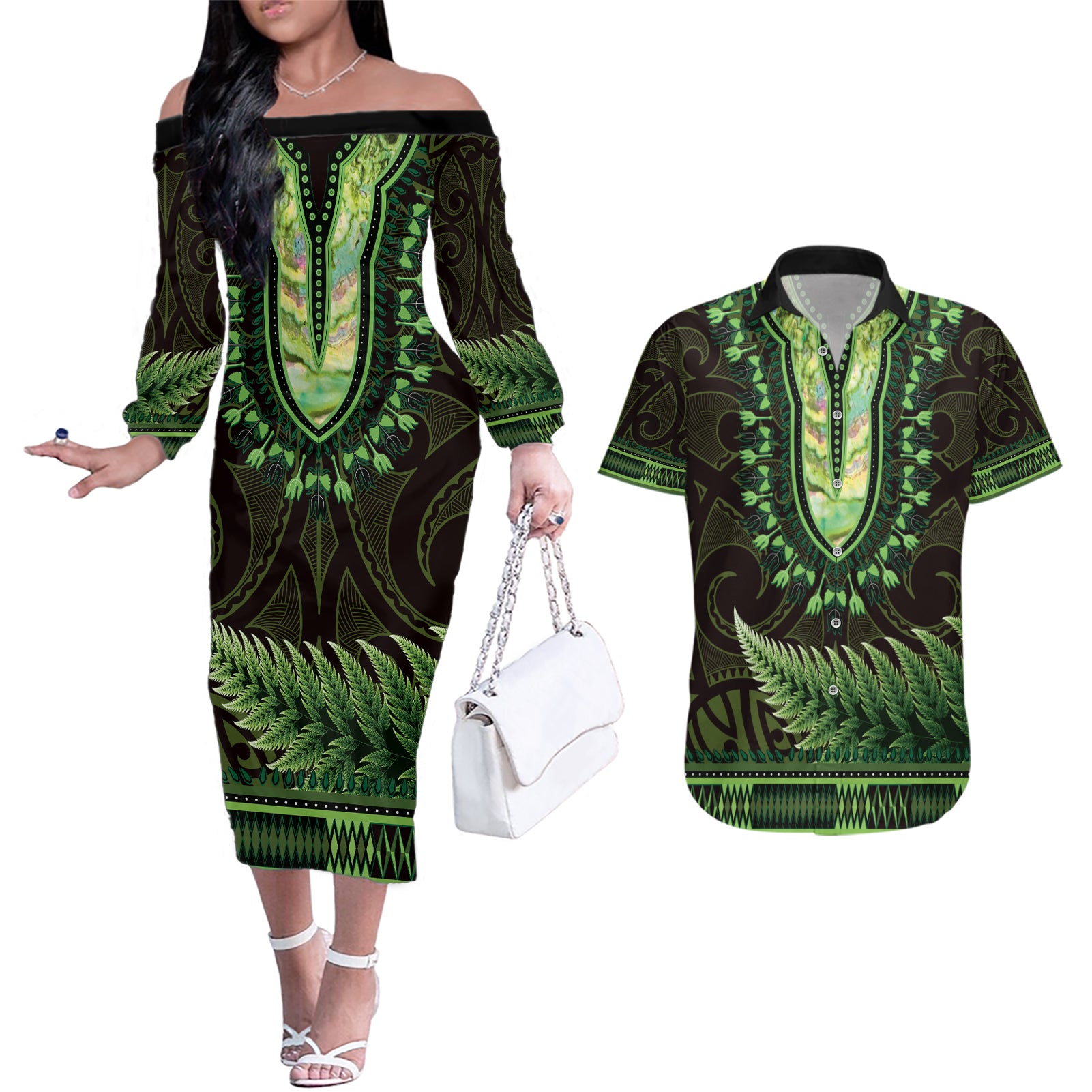 Lime Green African Dashiki With Aotearoa Maori Couples Matching Off The Shoulder Long Sleeve Dress and Hawaiian Shirt Paua Shell Mix Silver Fern