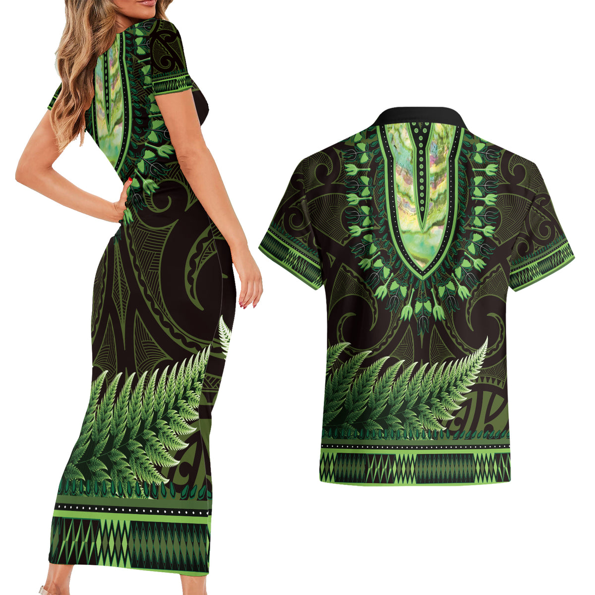 Lime Green African Dashiki With Aotearoa Maori Couples Matching Short Sleeve Bodycon Dress and Hawaiian Shirt Paua Shell Mix Silver Fern LT14 - Polynesian Pride