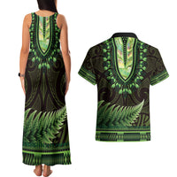 Lime Green African Dashiki With Aotearoa Maori Couples Matching Tank Maxi Dress and Hawaiian Shirt Paua Shell Mix Silver Fern
