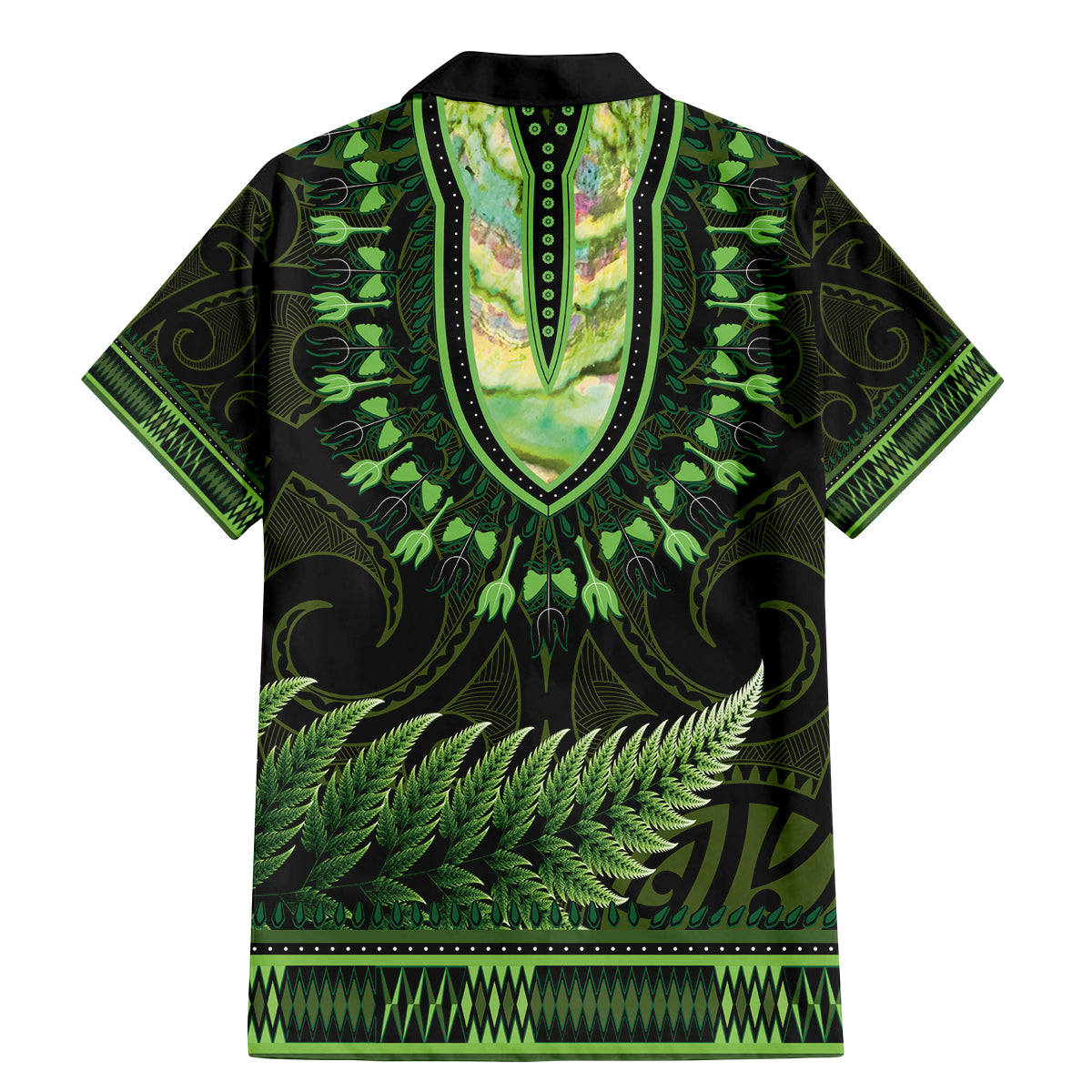 Lime Green African Dashiki With Aotearoa Maori Family Matching Mermaid Dress and Hawaiian Shirt Paua Shell Mix Silver Fern