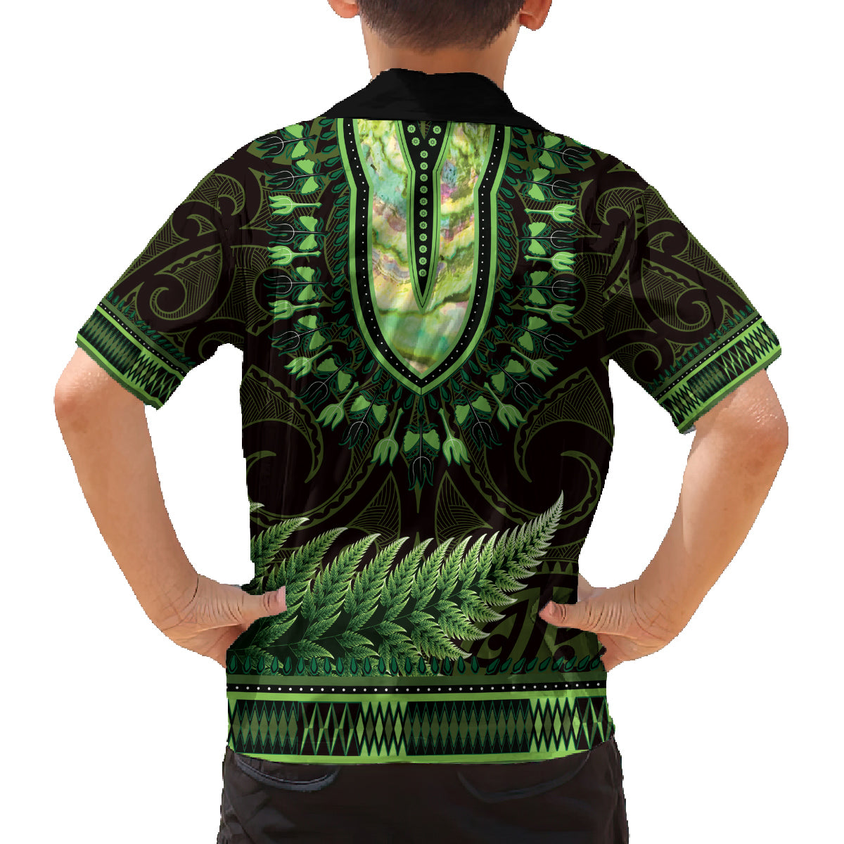 Lime Green African Dashiki With Aotearoa Maori Family Matching Off The Shoulder Long Sleeve Dress and Hawaiian Shirt Paua Shell Mix Silver Fern