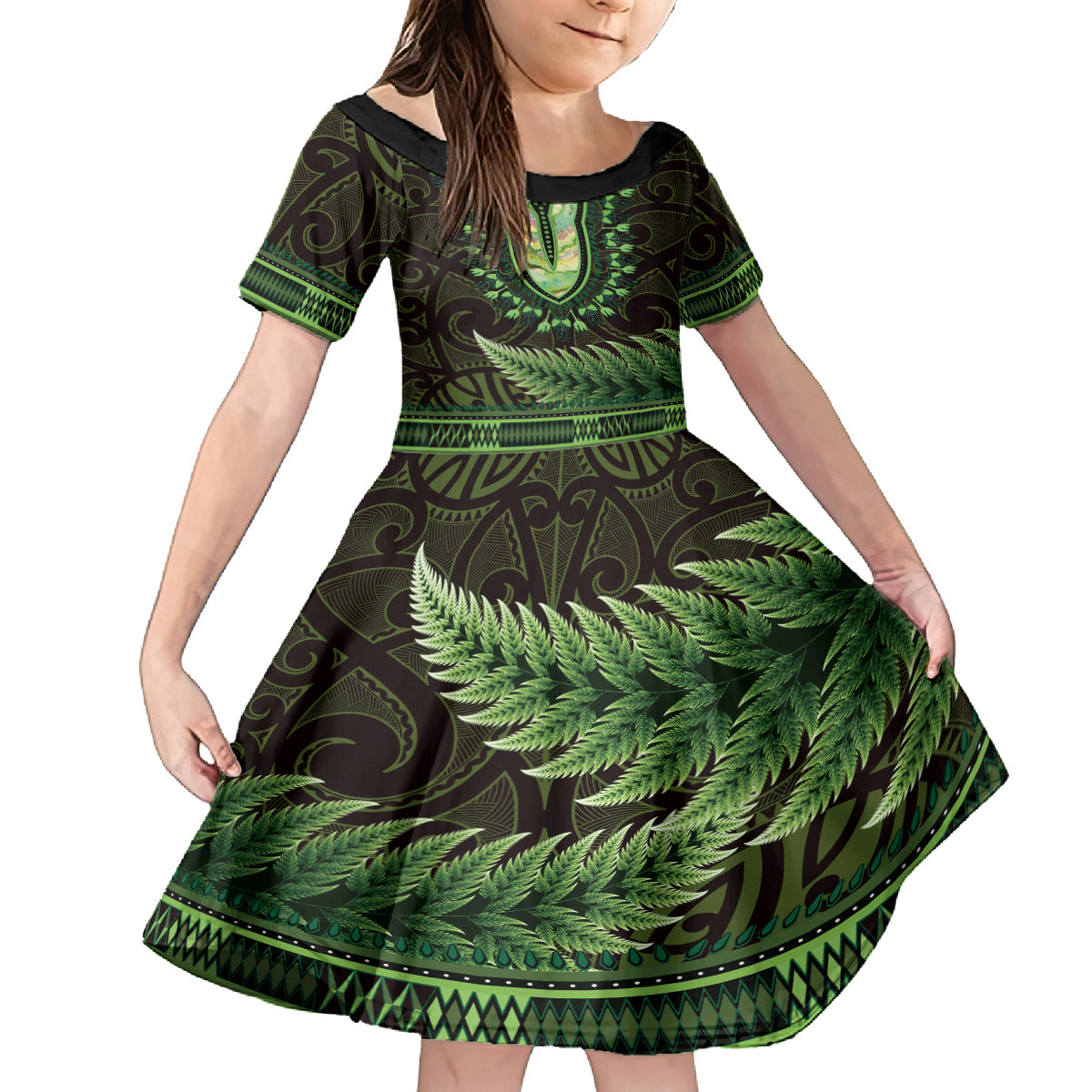 Lime Green African Dashiki With Aotearoa Maori Family Matching Off The Shoulder Long Sleeve Dress and Hawaiian Shirt Paua Shell Mix Silver Fern