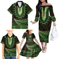 Lime Green African Dashiki With Aotearoa Maori Family Matching Off The Shoulder Long Sleeve Dress and Hawaiian Shirt Paua Shell Mix Silver Fern