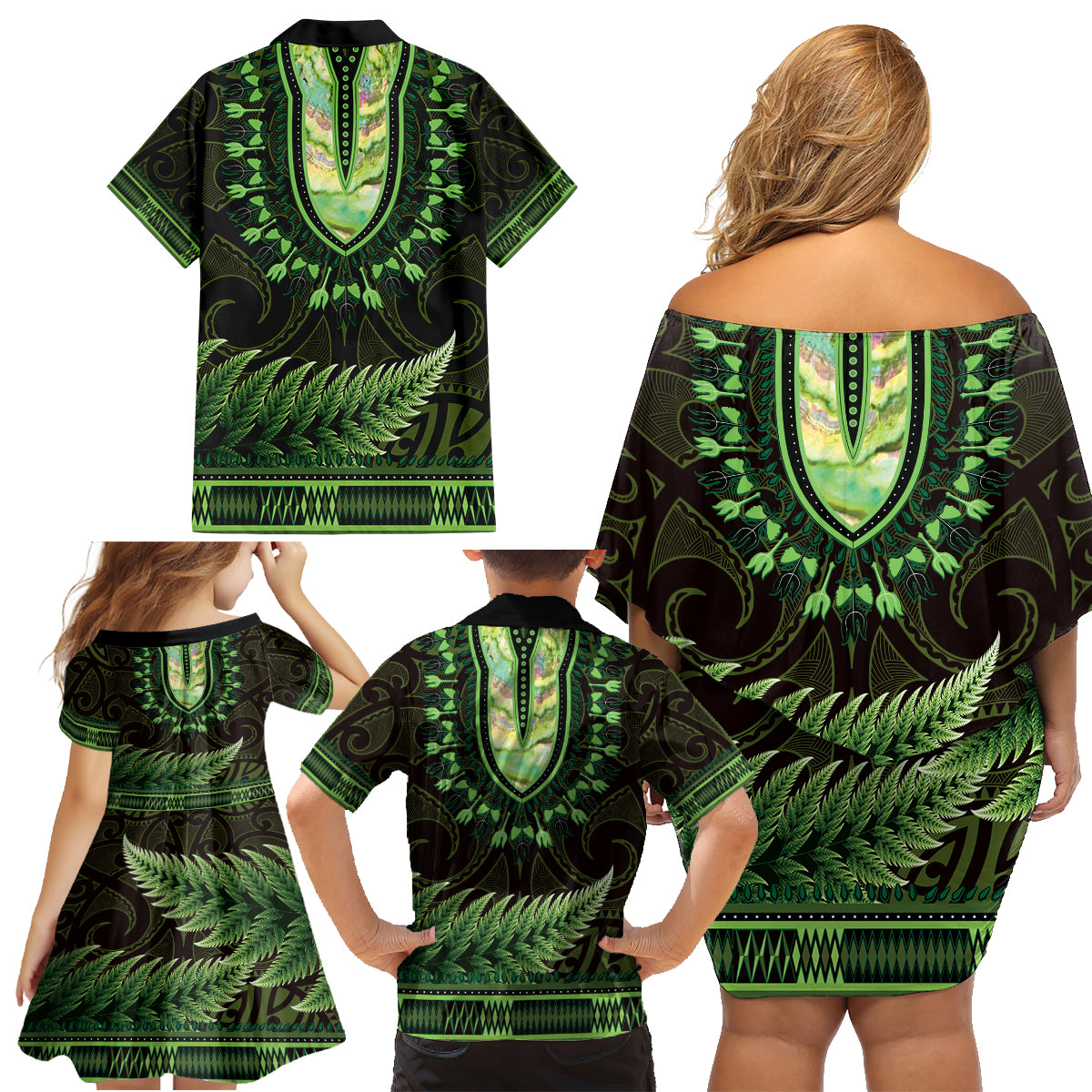 Lime Green African Dashiki With Aotearoa Maori Family Matching Off Shoulder Short Dress and Hawaiian Shirt Paua Shell Mix Silver Fern
